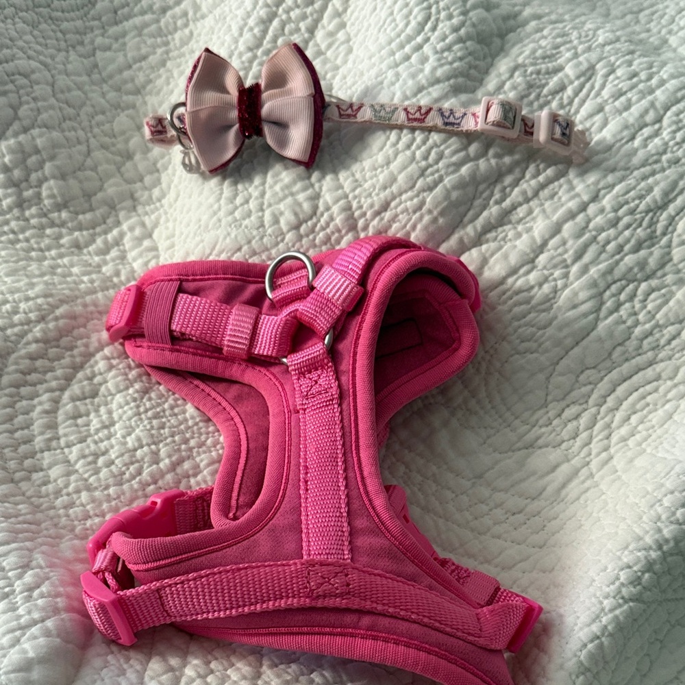 Pink Dog Harness and Bow Collar Set